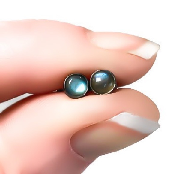 Oxidized Black 925 Sterling Silver 4MM Genuine Flash Labradorite Stud Earrings - Picture 5 of 10